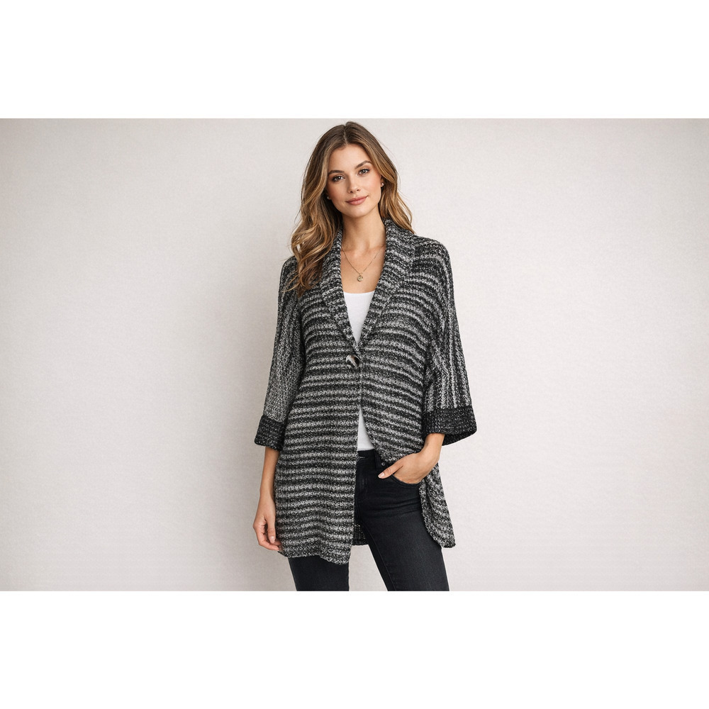Preppy Old Money Gray Sweater XL Knit Cardigan Striped Long Shawl Collar MobWife